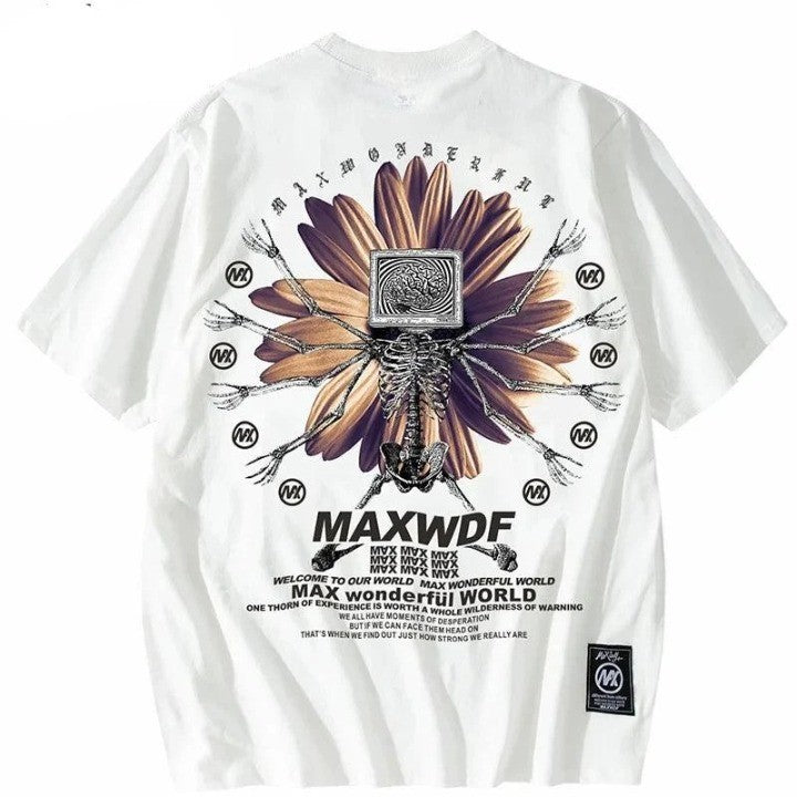 Skeleton Flower Printed Oversize T-Shirt     - VONVEX