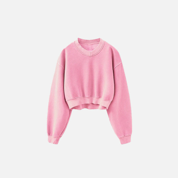 Cropped Fleece Crew Neck Sweatshirt  Pink S  - VONVEX