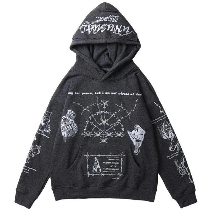 Retro Skull Graffiti Printed Hoodie     - VONVEX