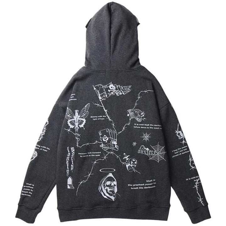 Retro Skull Graffiti Printed Hoodie     - VONVEX