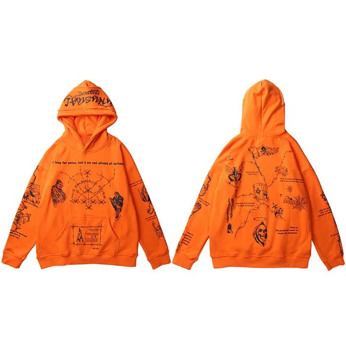 Retro Skull Graffiti Printed Hoodie  Orange L  - VONVEX