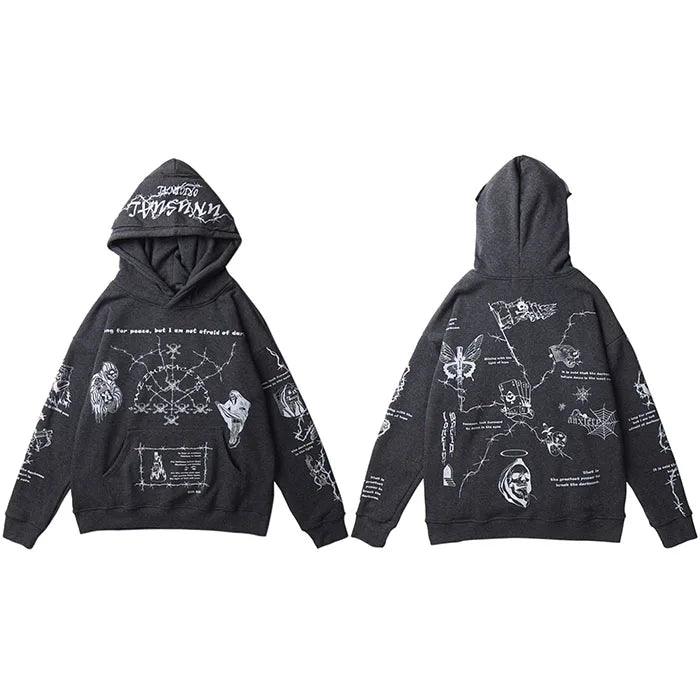 Retro Skull Graffiti Printed Hoodie  Grey M  - VONVEX