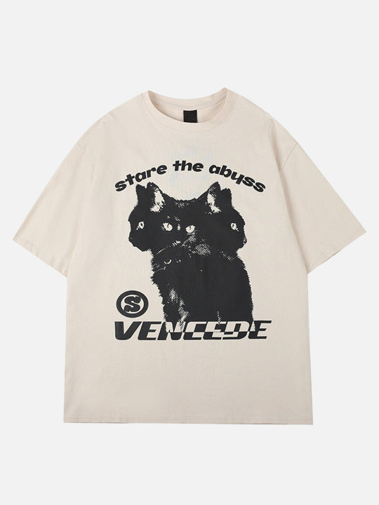 Stare The Abyss Hydra Cat Graphic T-Shirt  Beige S  - VONVEX