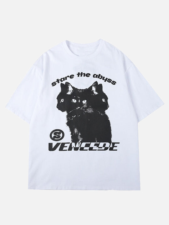 Stare The Abyss Hydra Cat Graphic T-Shirt  WHITE S  - VONVEX