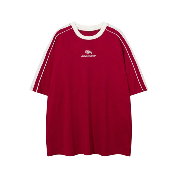 Spliced Stripe Raglan Relaxed T-Shirt  Red S  - VONVEX