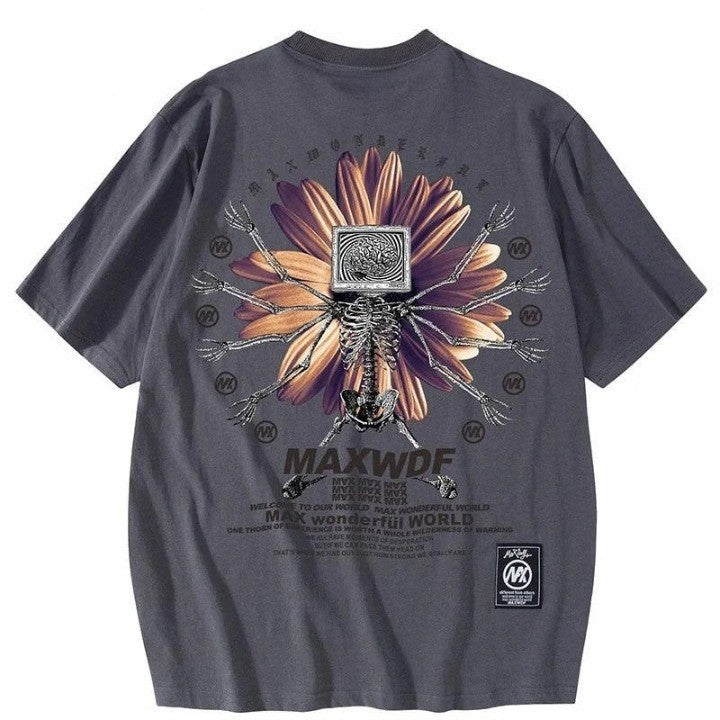 Skeleton Flower Printed Oversize T-Shirt     - VONVEX