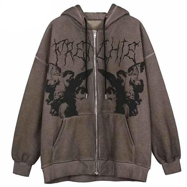 Gothic Angel Garment Dyed Zip Up Hoodie  Brown M  - VONVEX