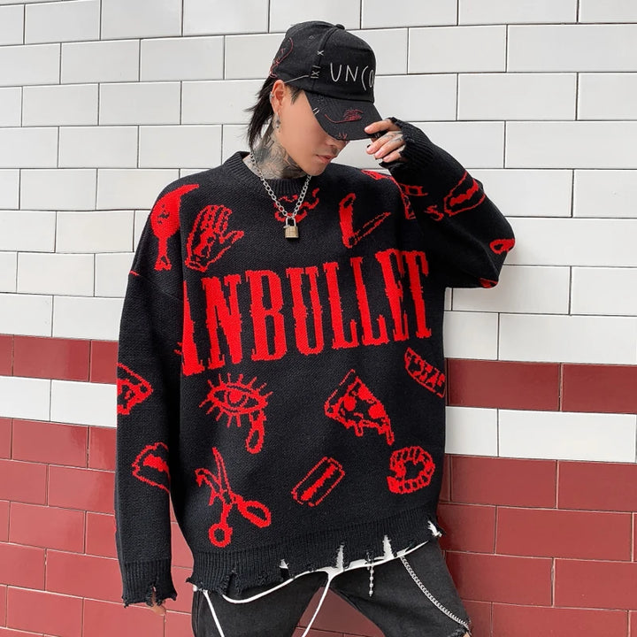 Autumn Winter Ripped Hole Punk Hip Hop Sweater Men Red Green Yellow Color Oversized Pullover Korean Style Graffiti Jersey Hombre - VONVEX
