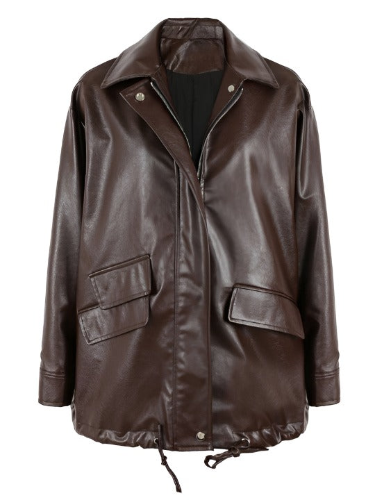 Casual Waterproof Soft Leather Jacket  Brown S  - VONVEX