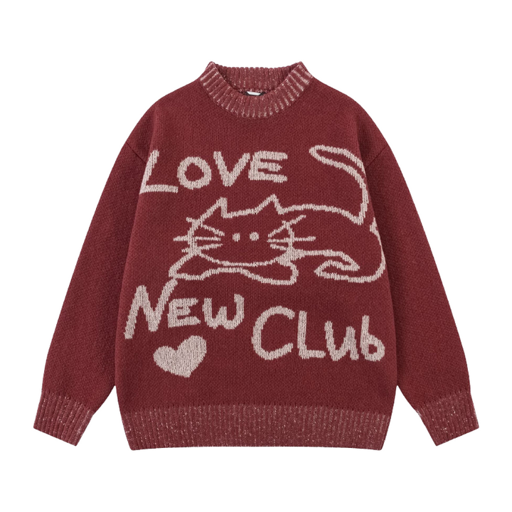 Knitted Love Cat Loose Sweater     - VONVEX