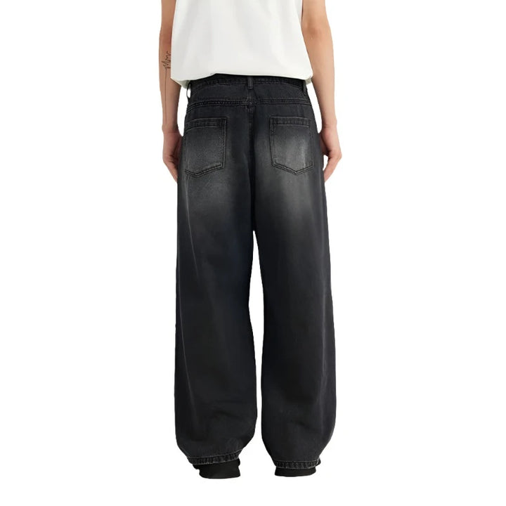 Retro Washed Black Ripped Wide-Leg Jeans     - VONVEX