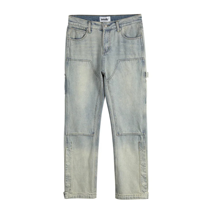 Washed Distressed Spliced Straight-leg Jeans Blue 30 - VONVEX