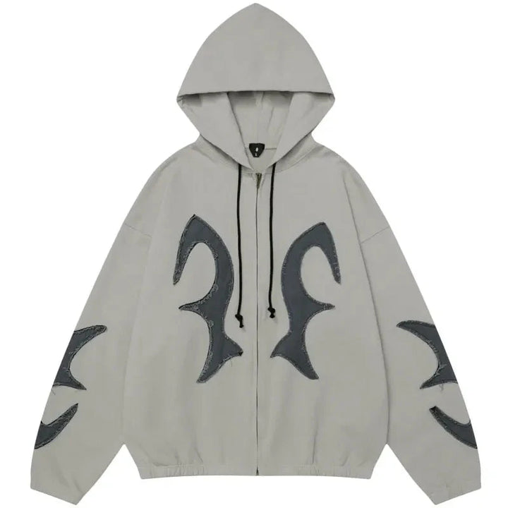 Y2K Embroidered Fire Patchs Hoodie Grey S - VONVEX