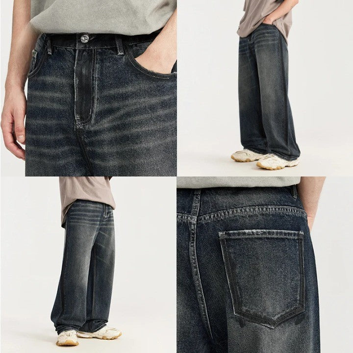 Washed Wide Leg Blue Denim Jeans     - VONVEX