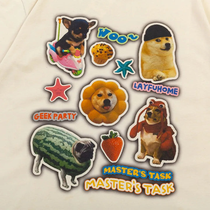 Aolamegs Y2K Men T Shirt Cartoon Dog Photo Stickers Short Sleeve Tshirt Fashion Casual Oversize Loose Tees Summer Cotton Tops - VONVEX