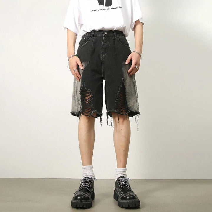 Ripped Straight Leg Denim Short     - VONVEX