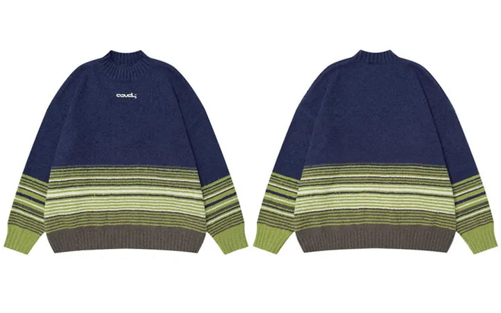 Y2K Knitted Stripe Patchwork Turtleneck Sweater Blue S - VONVEX