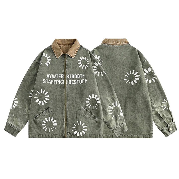 Retro Floral Graphic Denim Jacket  green M  - VONVEX