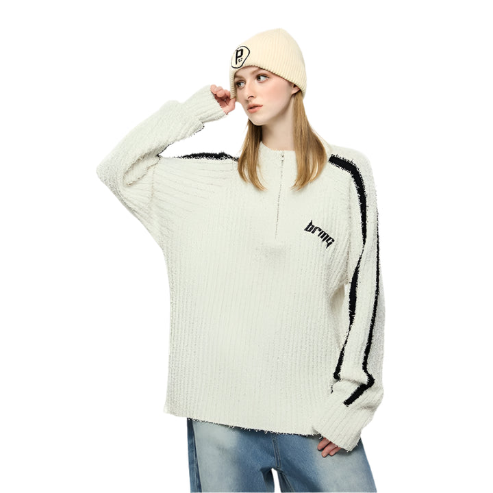 Y2K Contrast Stripe Quarter Zip Up Sweater White M - VONVEX