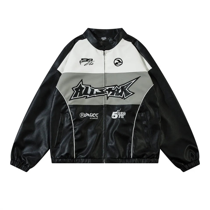 Y2k Motorbike Spliced Leather Jacket black M - VONVEX