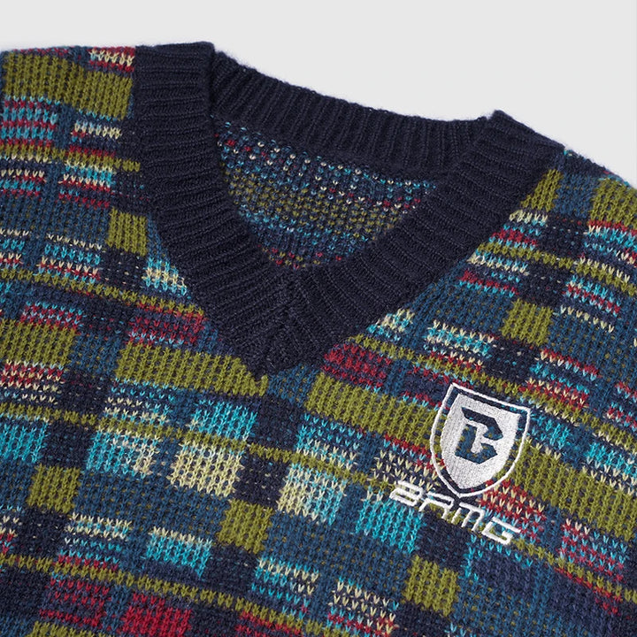 Contrast Color Colorful Check V-Neck Sweater - VONVEX