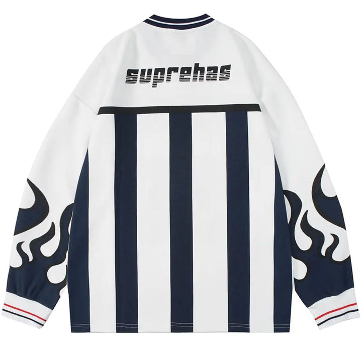 Y2K Jersey Flame Sleeves Striped Sweater - VONVEX