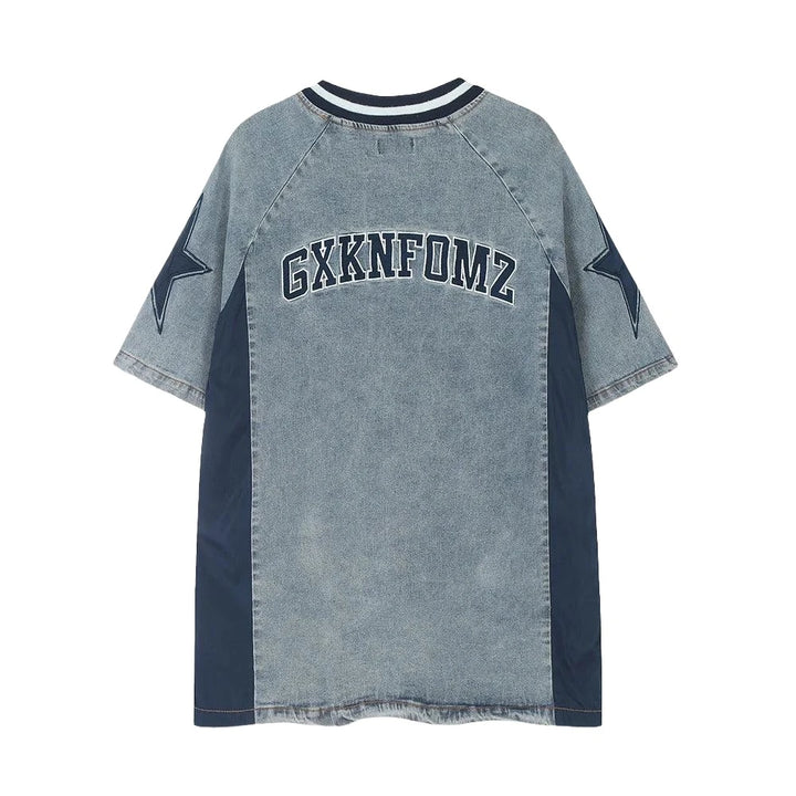 Patchwork Jersey Denim T-shirt     - VONVEX