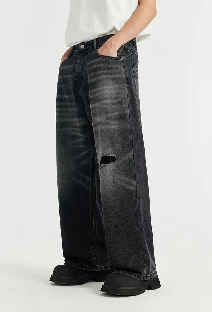 Retro Washed Black Ripped Wide-Leg Jeans     - VONVEX