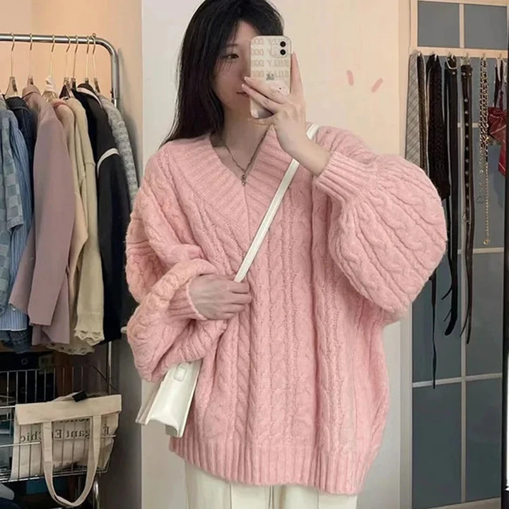 Y2k Vintage V-Neck Knit Sweater  Pink S  - VONVEX