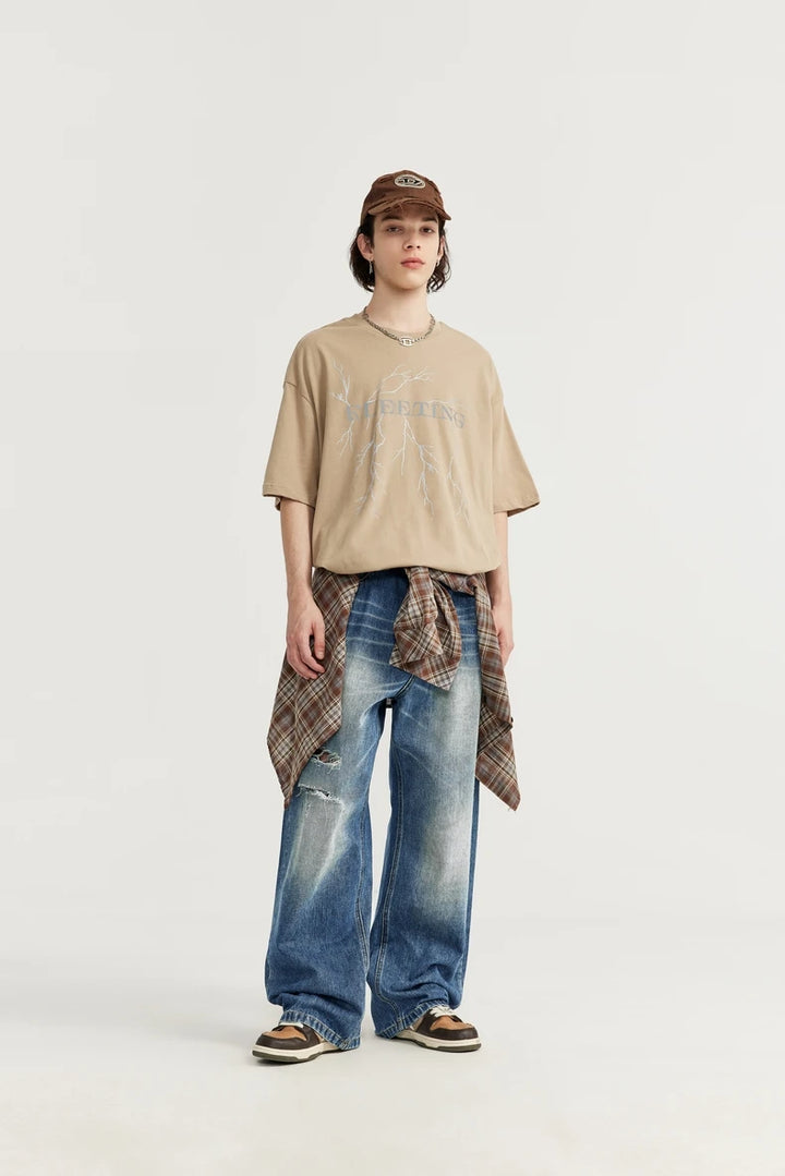 Retro Ripped Wide Leg Blue Denim Pant     - VONVEX