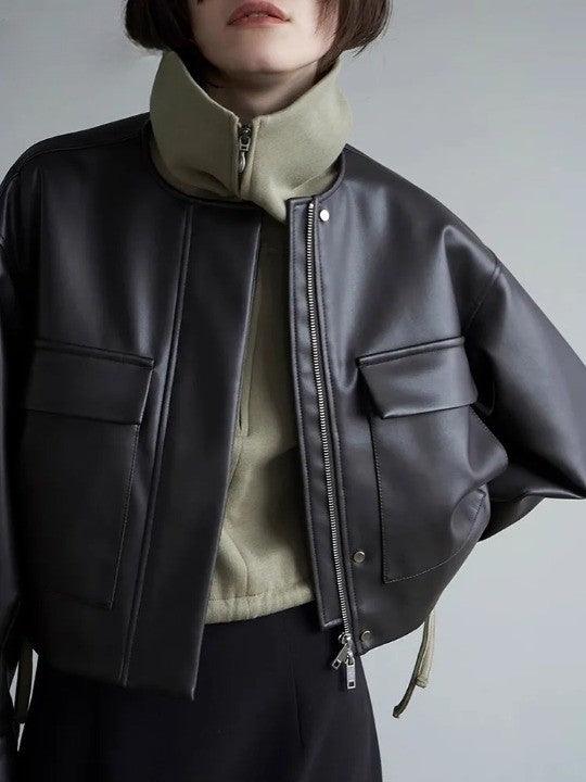 Black Oversized Leather Jacket     - VONVEX