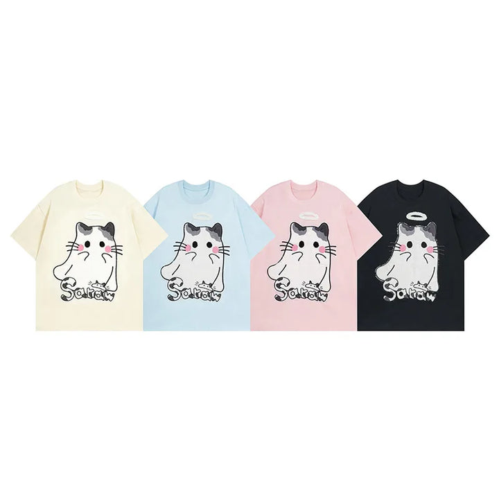 Aolamegs Men T Shirts Cute Cartoon Cat T Shirt Youthful Preppy Style Short Sleeve Tees Y2k Japanese Casual Cotton Couple Tops - VONVEX