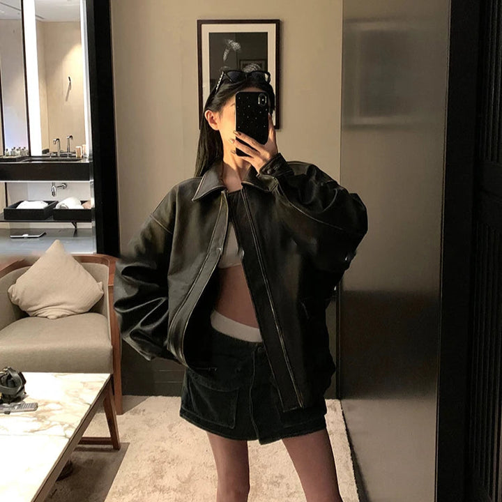 Oversized Baggy Soft Leather Jacket - VONVEX