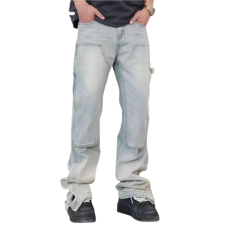 Washed Distressed Spliced Straight-leg Jeans - VONVEX