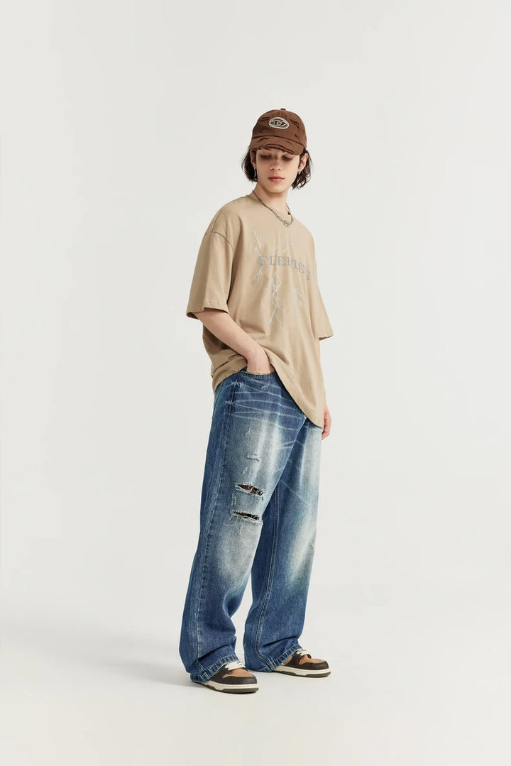 Retro Ripped Wide Leg Blue Denim Pant     - VONVEX