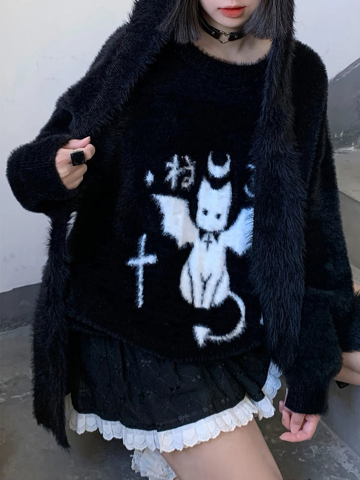 Y2k Demon Dream Cat Knitted Sweater  black S  - VONVEX