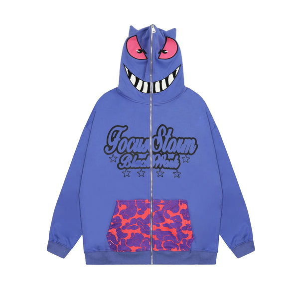 Monster Face Oversized Zip-up Hoodie  Purple M  - VONVEX