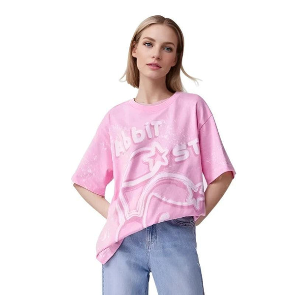 Retro Printed Oversized Women's T-Shirt  Pink XS  - VONVEX