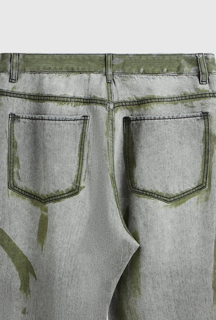 Casual Green Painted Wide-Leg Jeans     - VONVEX