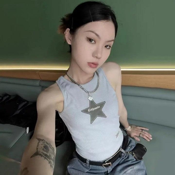 Y2K Ribbed Star Crop Top     - VONVEX