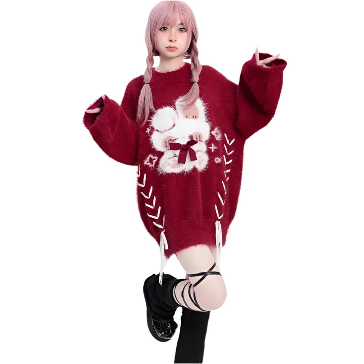 Red Kawaii Knitted Bunny Sweater - VONVEX