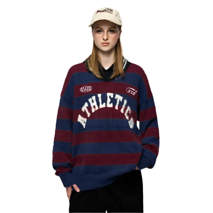 Wide Striped Jacquard Fit Sweater Red M - VONVEX