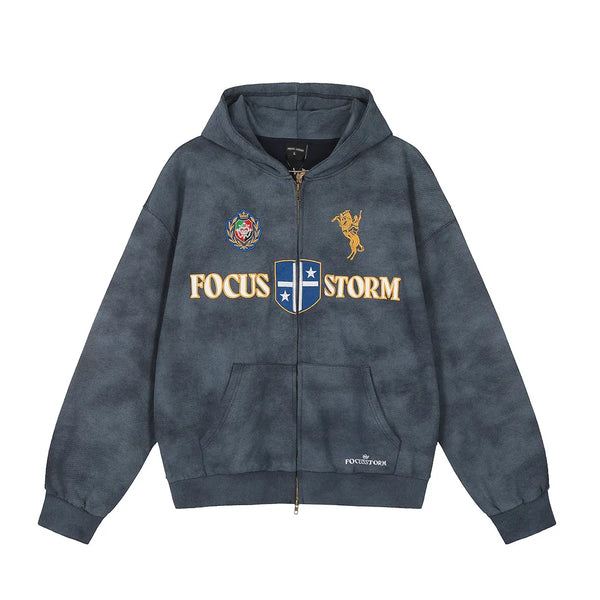 Focus Lettered Oversized Embroidery Hoodie Blue M - VONVEX