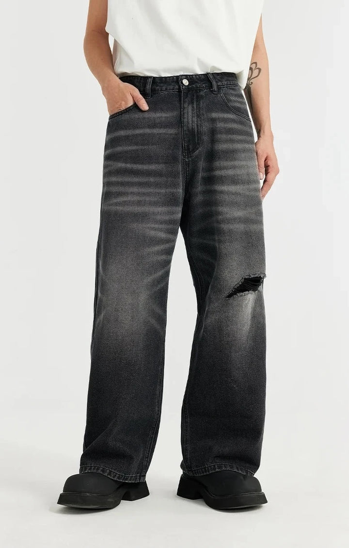 Retro Washed Black Ripped Wide-Leg Jeans     - VONVEX