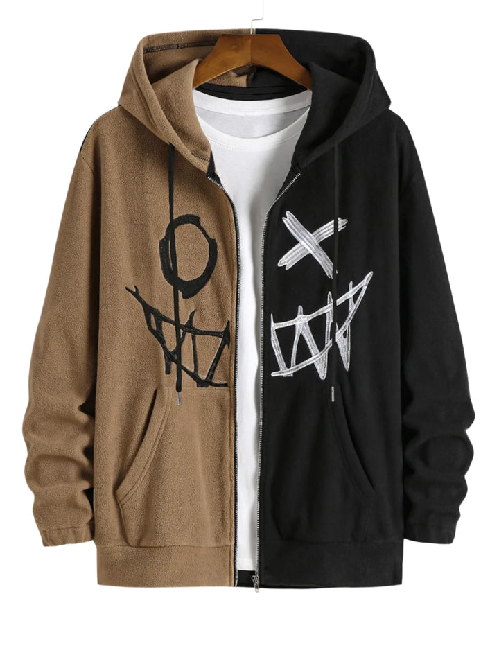 Spooky Smiles Colorblock Fleece Zipper Hoodie  Coffee S  - VONVEX