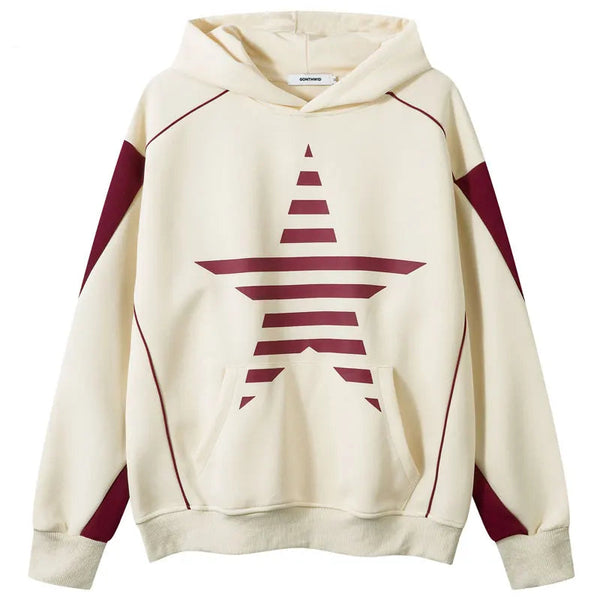 Y2K Star Striped Patchwork Hoodie Beige M - VONVEX