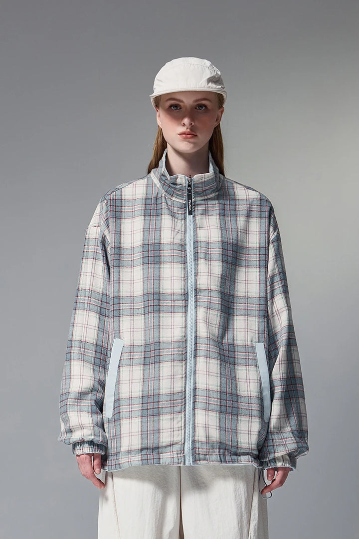 Reversible Stand Collar Plaid Jacket - VONVEX