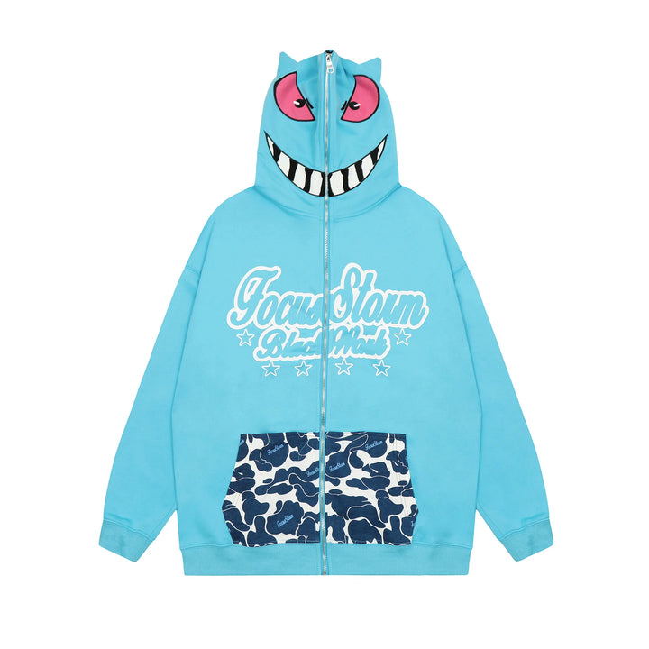 Monster Face Oversized Zip-up Hoodie  Blue M  - VONVEX