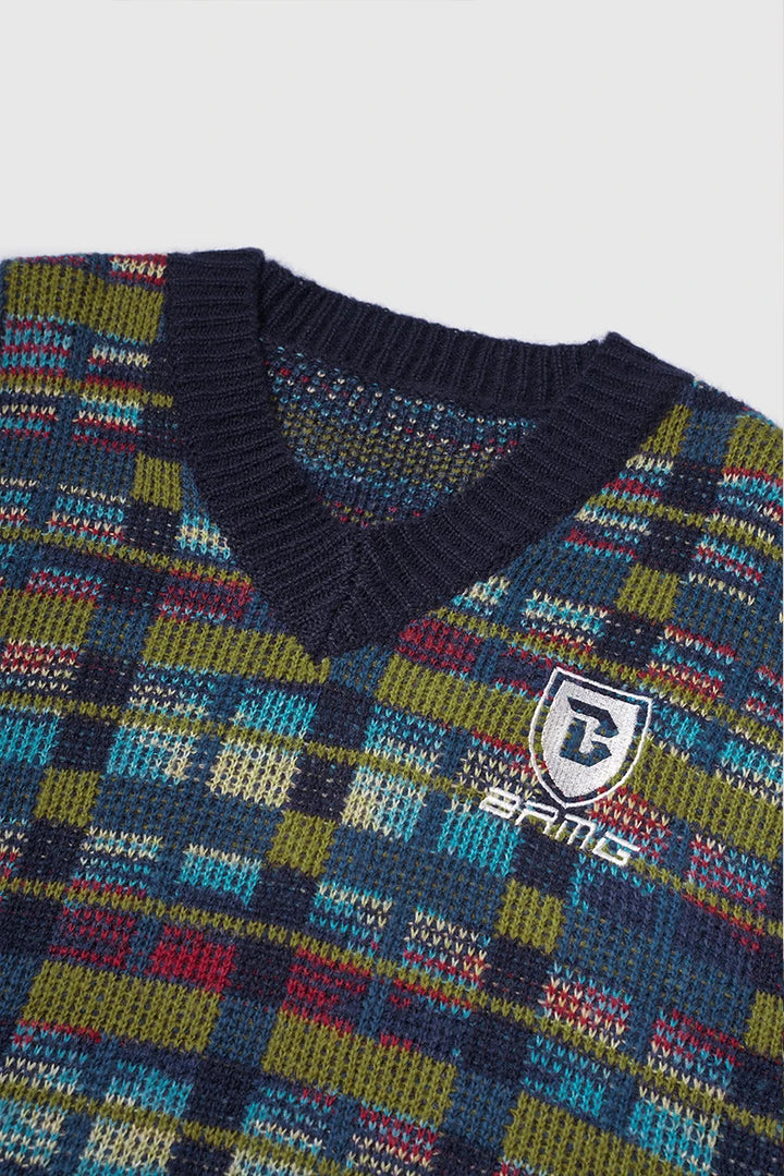 Contrast Color Colorful Check V-Neck Sweater - VONVEX