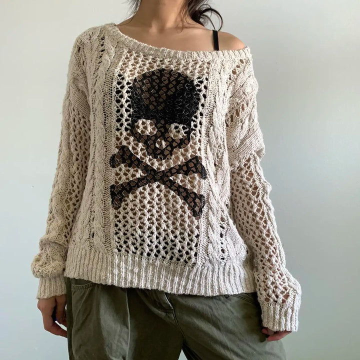 Y2K Skull Graphic Distressed Knit Sweater     - VONVEX